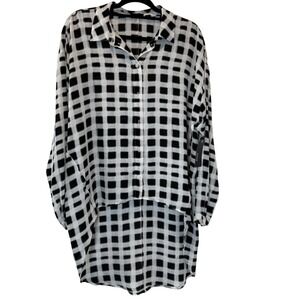 a.n.a Black White Plaid Hi-Lo Blouse Top Large Spring Office Career Event Modern
